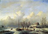 Figures in a winter landscape by Andreas Schelfhout